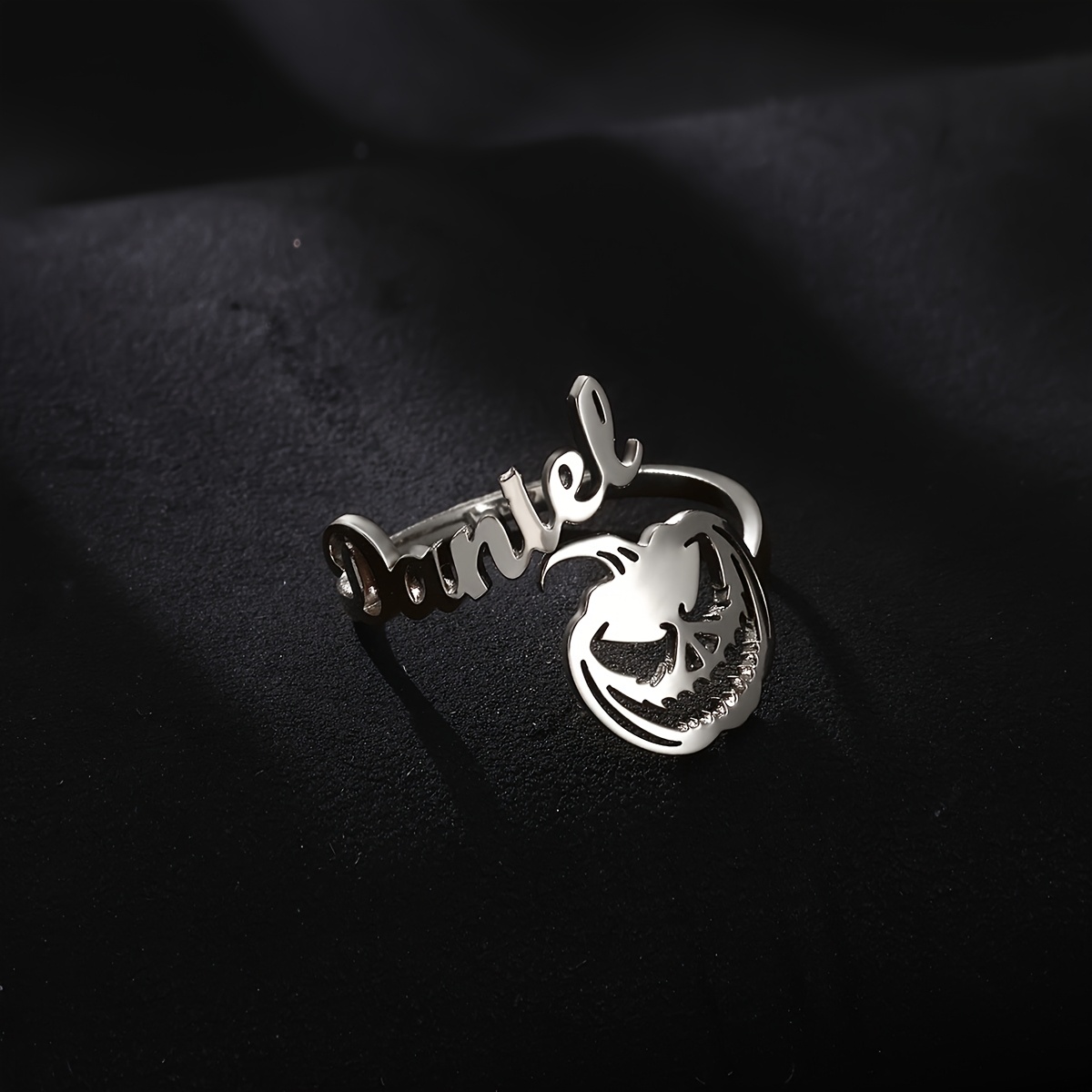 Personalized Stainless Steel Halloween Angry Pumpkin Name Open Ring
